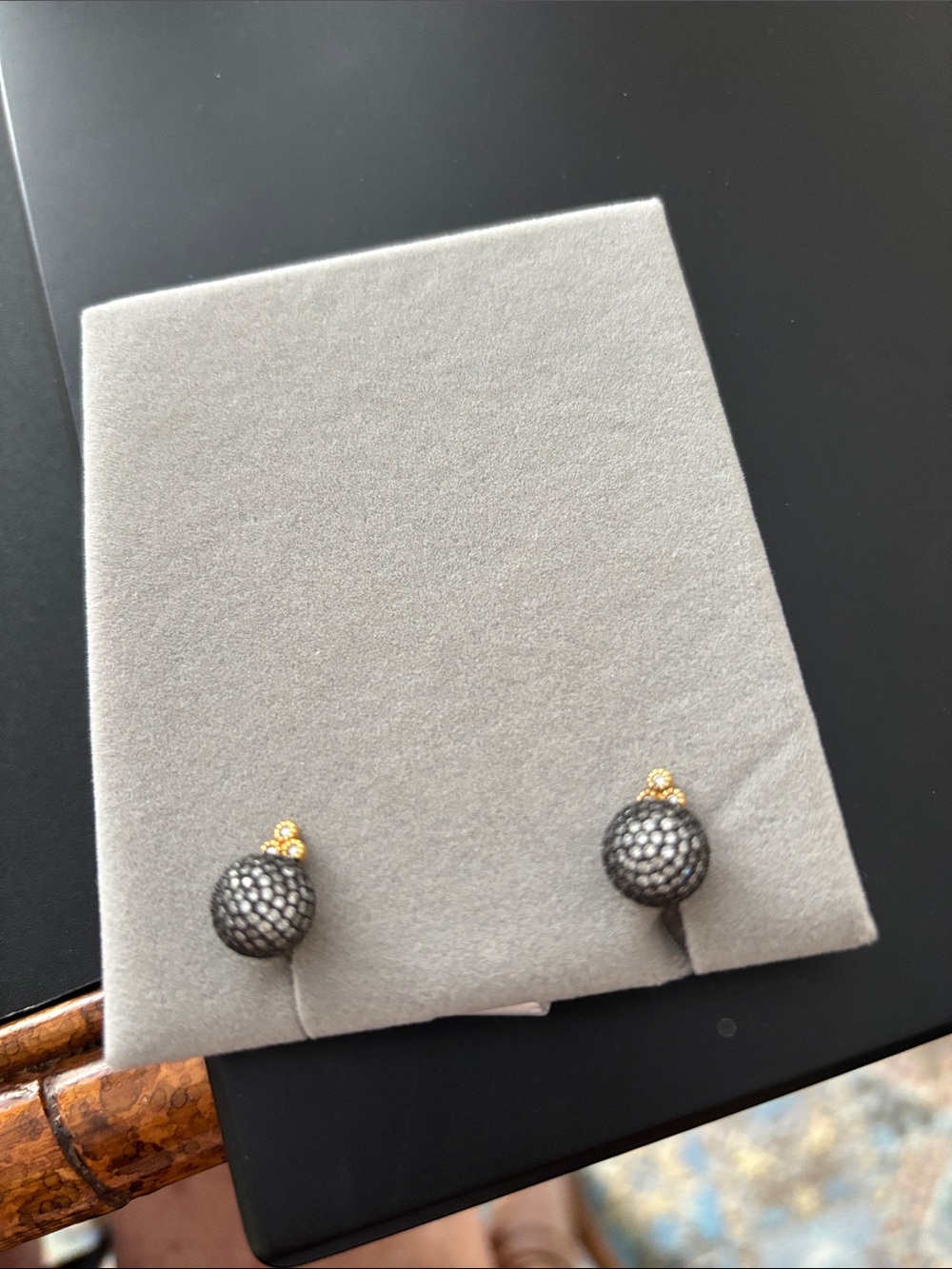 Textured Black Dome Stud Earrings with Gold Bead Accent